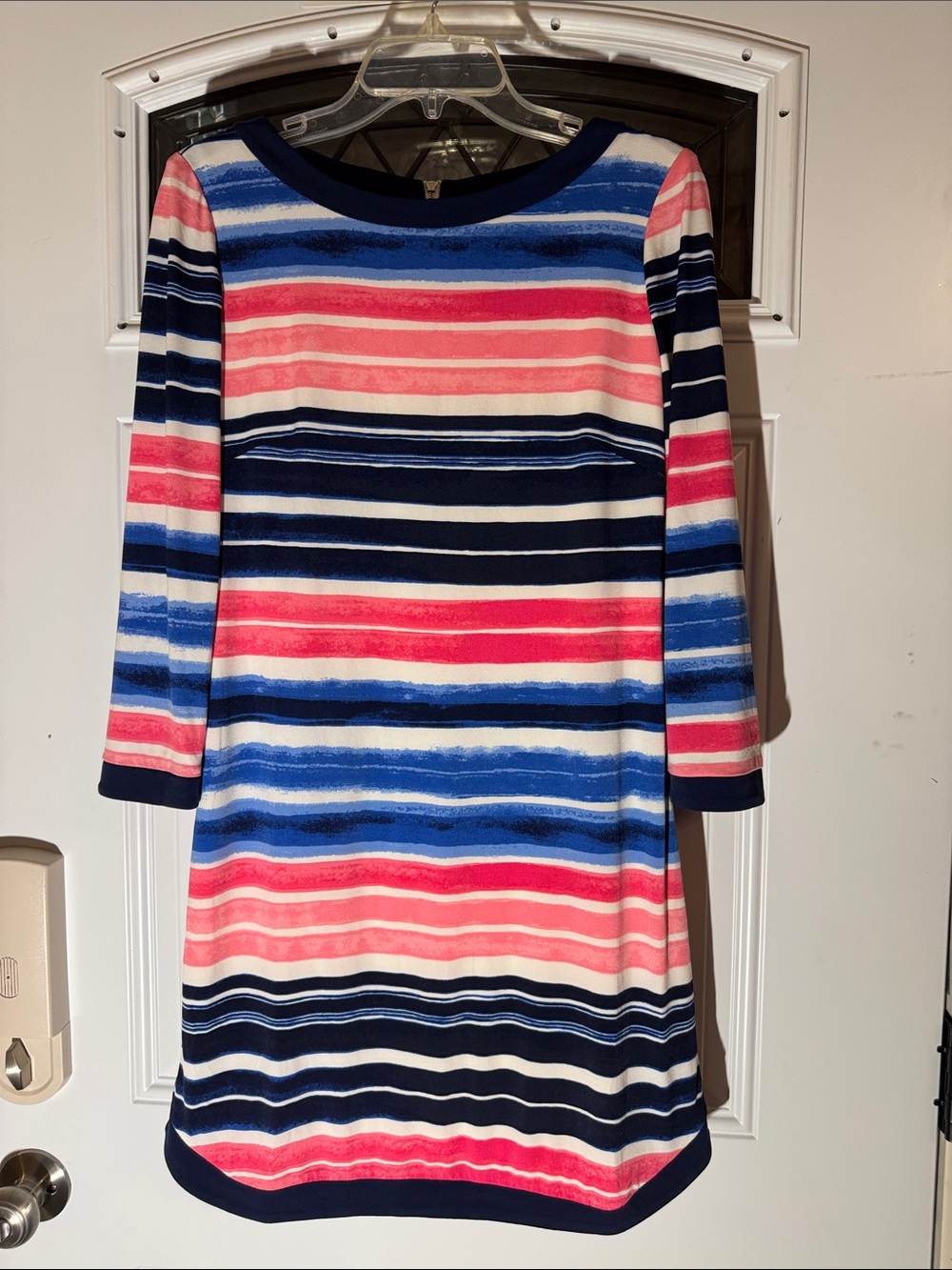 Vince Camuto Striped Boatneck Shift Dress in Navy, Pink & Blue